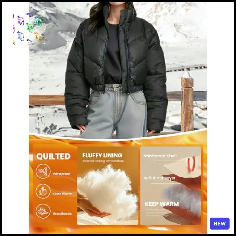 Cropped Puffer Jacket Winter Warm Quilted Zip Up Stand Collar Chic - Picture 4 of 7